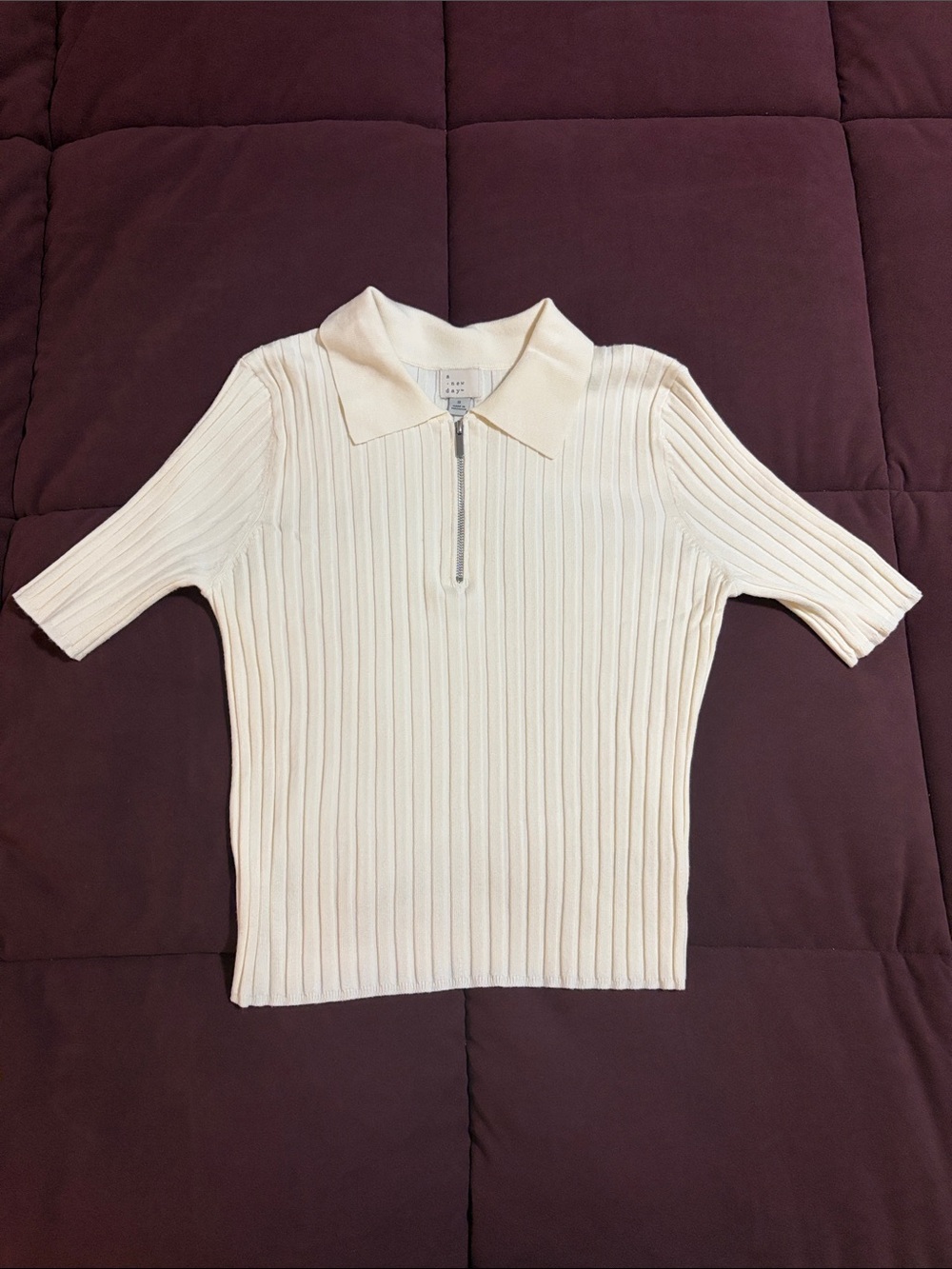 a new day Cream Ribbed Zip Polo Top